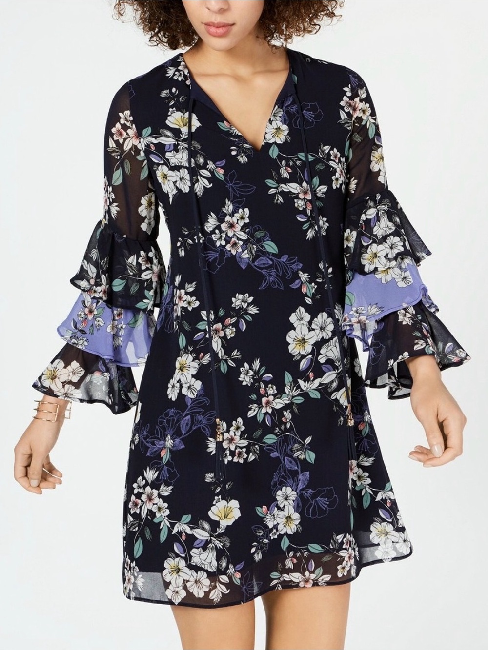 Vince Camuto Floral V-Neck Ruffle Sleeve Dress, 16w EUC